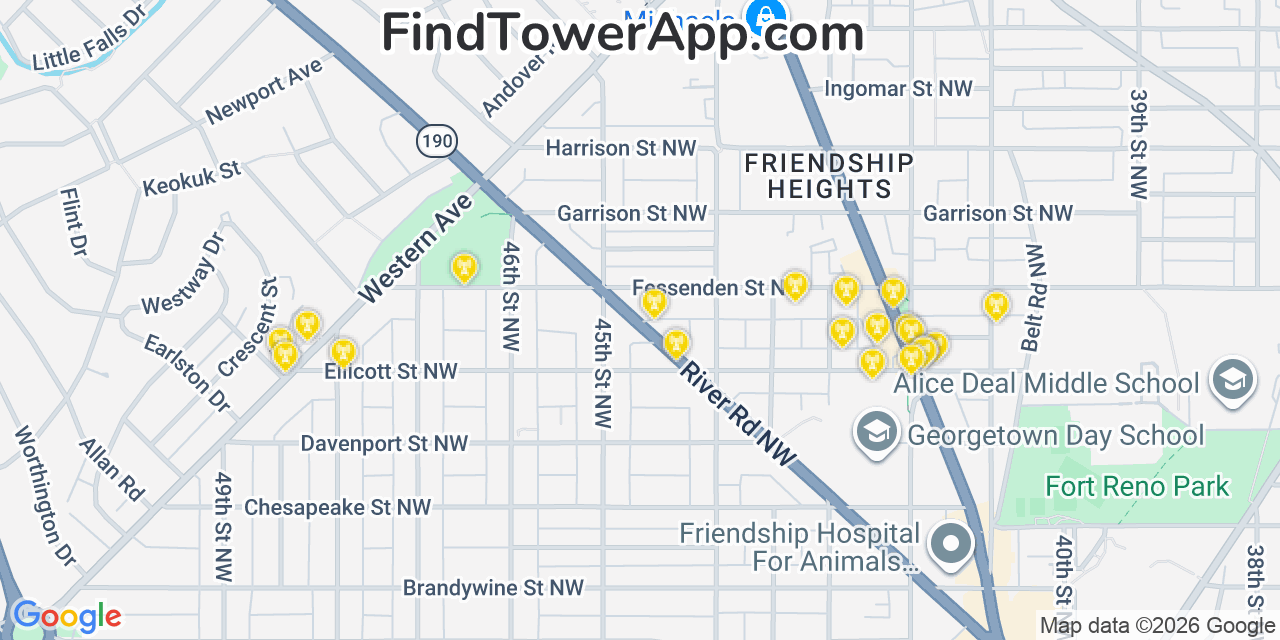 Map showing the 20 primary cell tower locations detected in Friendship Village, Maryland from AT&T, Verizon, and T-Mobile networks