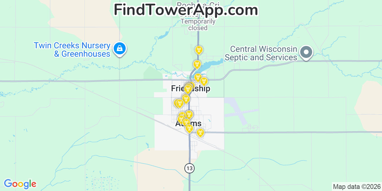 Map showing the 20 primary cell tower locations detected in Friendship, Wisconsin from AT&T, Verizon, and T-Mobile networks