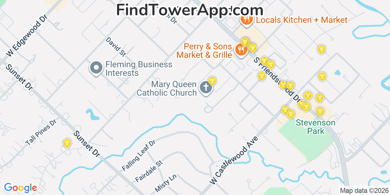 Map showing the 20 primary cell tower locations detected in Friendswood, Texas from AT&T, Verizon, and T-Mobile networks
