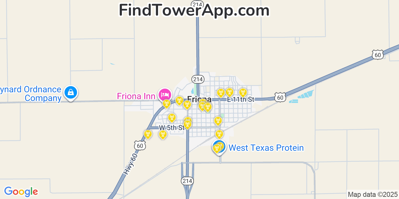 Map showing the 20 primary cell tower locations detected in Friona, Texas from AT&T, Verizon, and T-Mobile networks