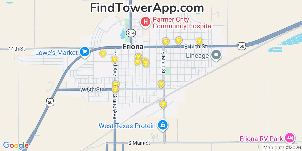Map showing the 20 primary cell tower locations detected in Friona, Texas from AT&T, Verizon, and T-Mobile networks