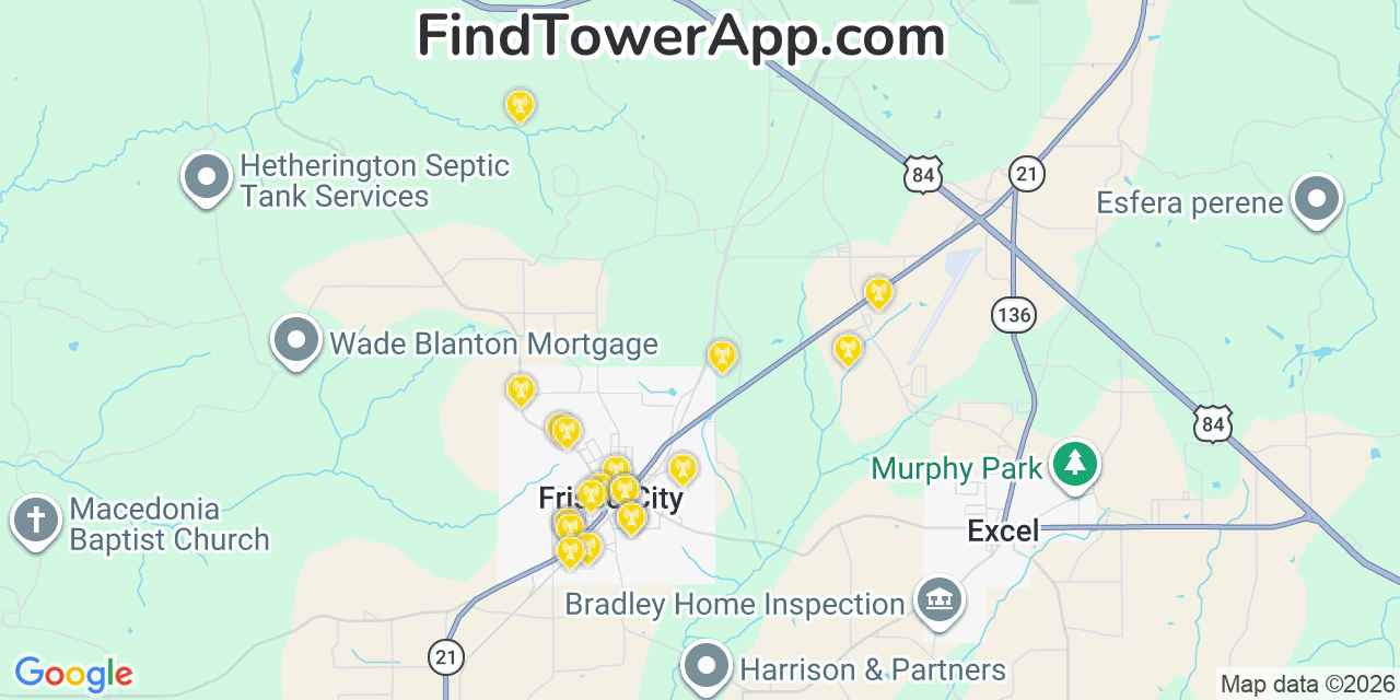 Map showing the 20 primary cell tower locations detected in Frisco City, Alabama from AT&T, Verizon, and T-Mobile networks
