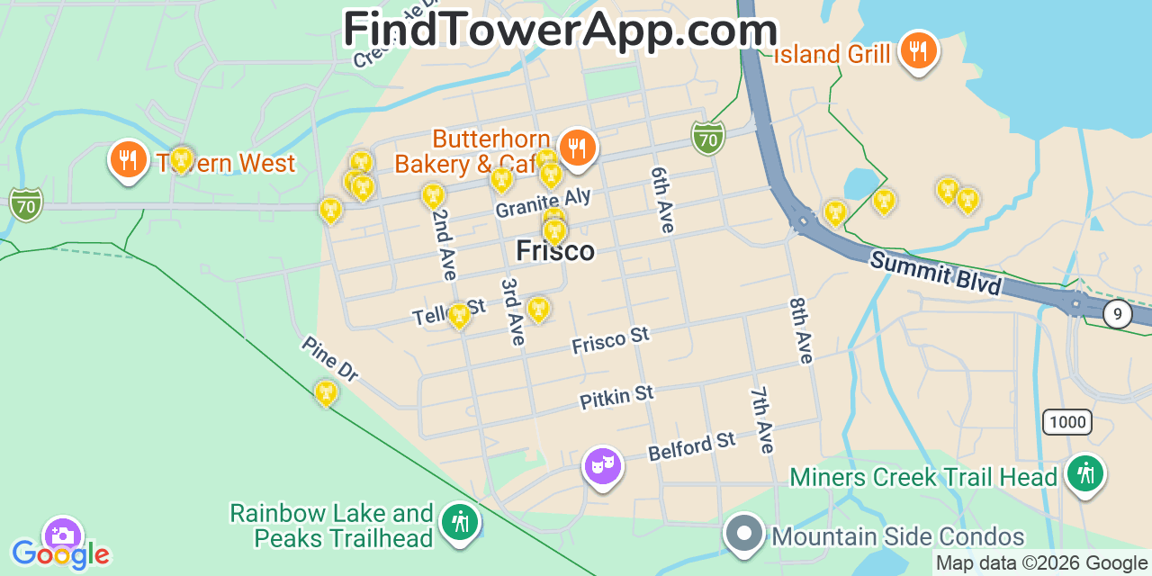 Map showing the 20 primary cell tower locations detected in Frisco, Colorado from AT&T, Verizon, and T-Mobile networks