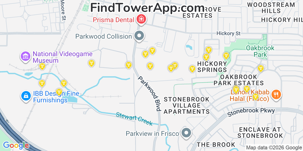 Map showing the 20 primary cell tower locations detected in Frisco, Texas from AT&T, Verizon, and T-Mobile networks