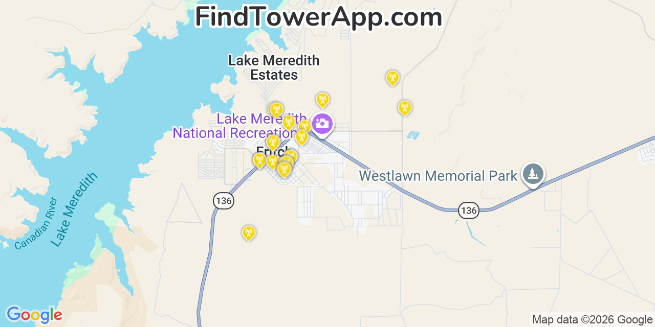 Map showing the 20 primary cell tower locations detected in Fritch, Texas from AT&T, Verizon, and T-Mobile networks