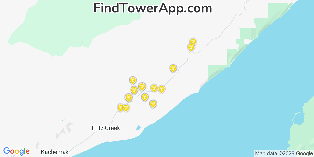 Map showing the 20 primary cell tower locations detected in Fritz Creek, Alaska from AT&T, Verizon, and T-Mobile networks