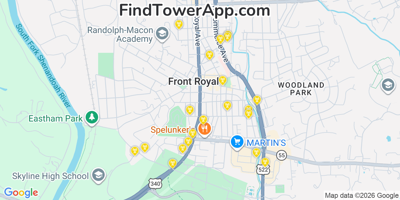 Map showing the 20 primary cell tower locations detected in Front Royal, Virginia from AT&T, Verizon, and T-Mobile networks