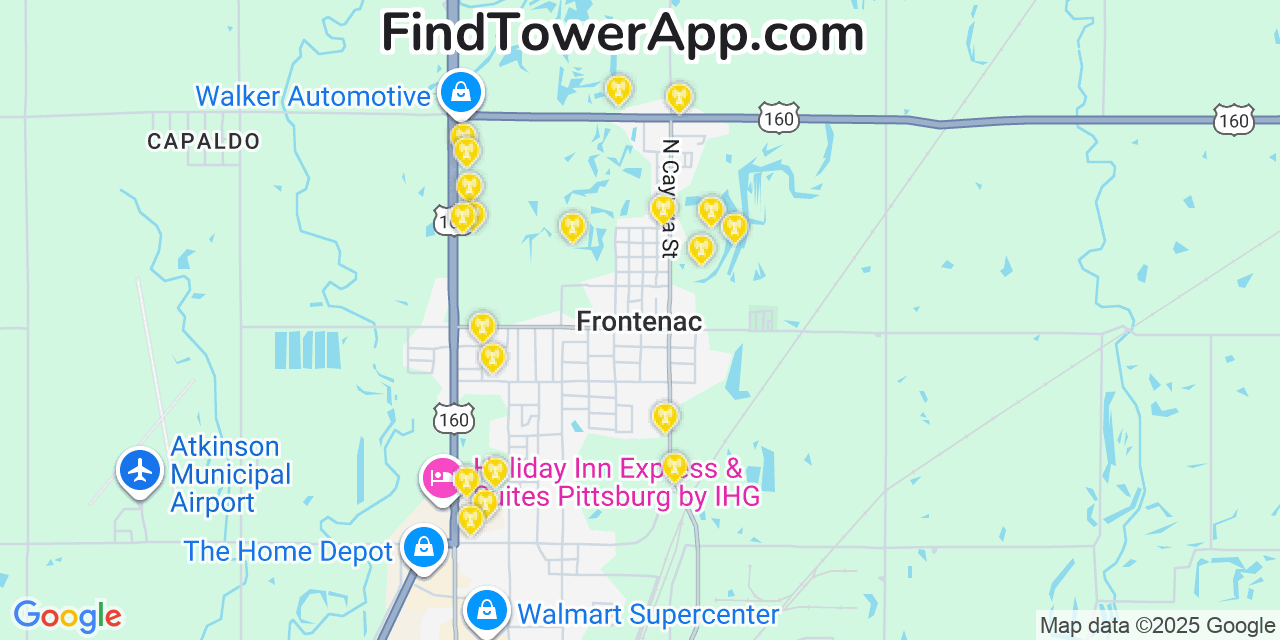 Map showing the 20 primary cell tower locations detected in Frontenac, Kansas from AT&T, Verizon, and T-Mobile networks
