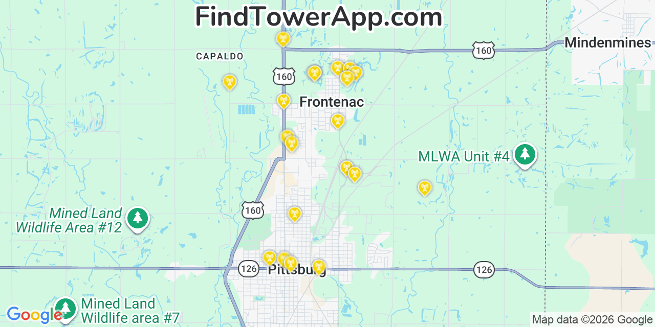 Map showing the 20 primary cell tower locations detected in Frontenac, Kansas from AT&T, Verizon, and T-Mobile networks