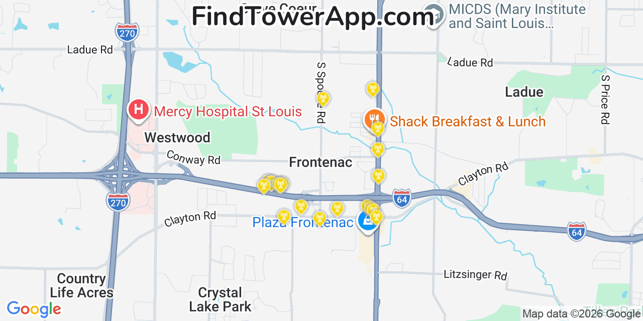 Map showing the 20 primary cell tower locations detected in Frontenac, Missouri from AT&T, Verizon, and T-Mobile networks