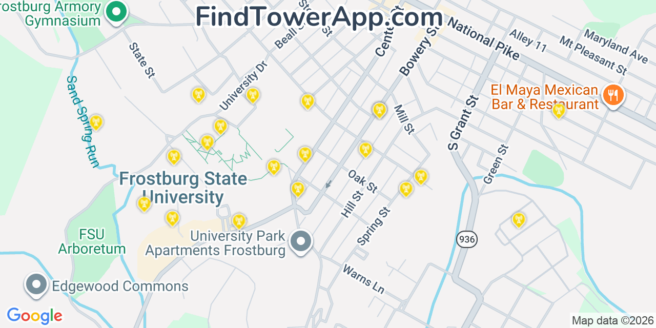 Map showing the 20 primary cell tower locations detected in Frostburg, Maryland from AT&T, Verizon, and T-Mobile networks