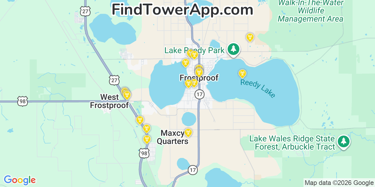 Map showing the 20 primary cell tower locations detected in Frostproof, Florida from AT&T, Verizon, and T-Mobile networks