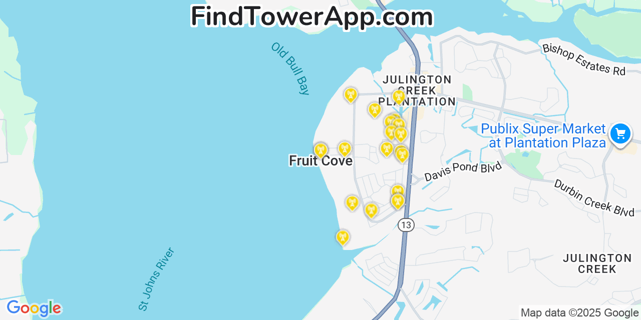Map showing the 20 primary cell tower locations detected in Fruit Cove, Florida from AT&T, Verizon, and T-Mobile networks