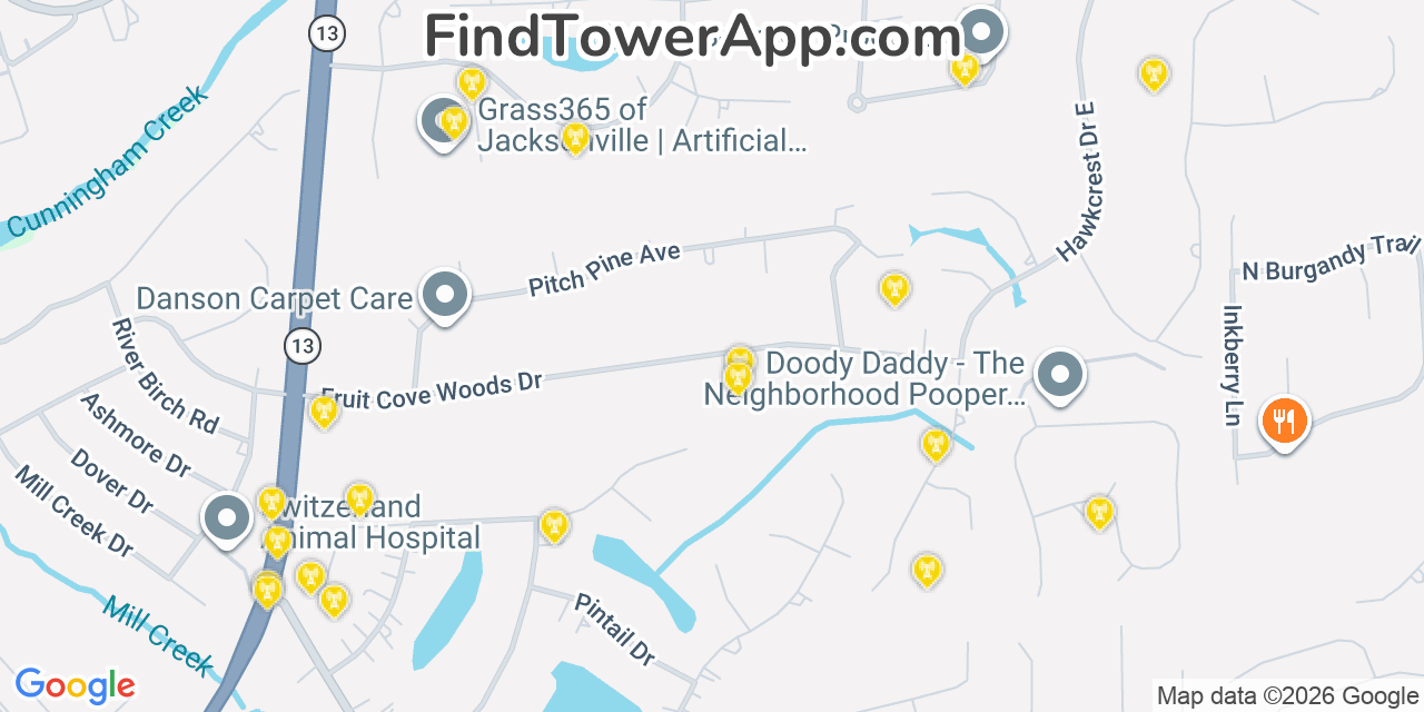 Map showing the 20 primary cell tower locations detected in Fruit Cove, Florida from AT&T, Verizon, and T-Mobile networks