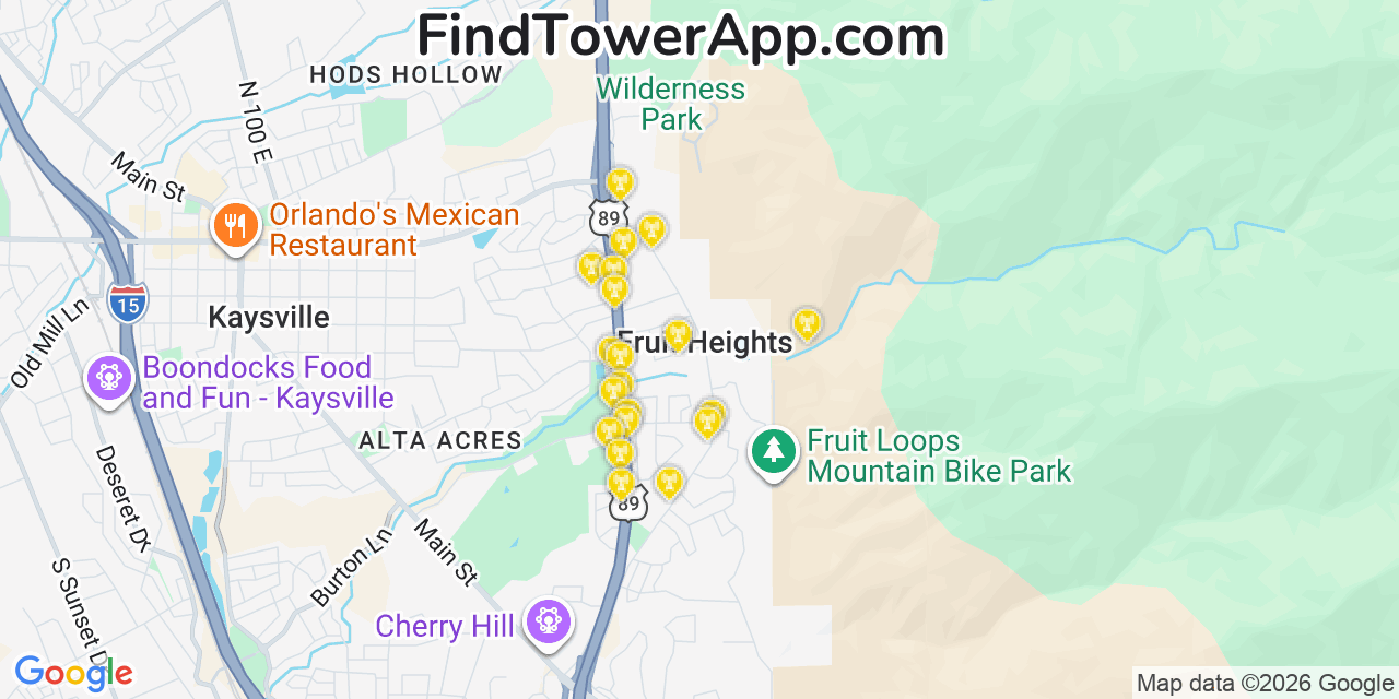 Map showing the 20 primary cell tower locations detected in Fruit Heights, Utah from AT&T, Verizon, and T-Mobile networks