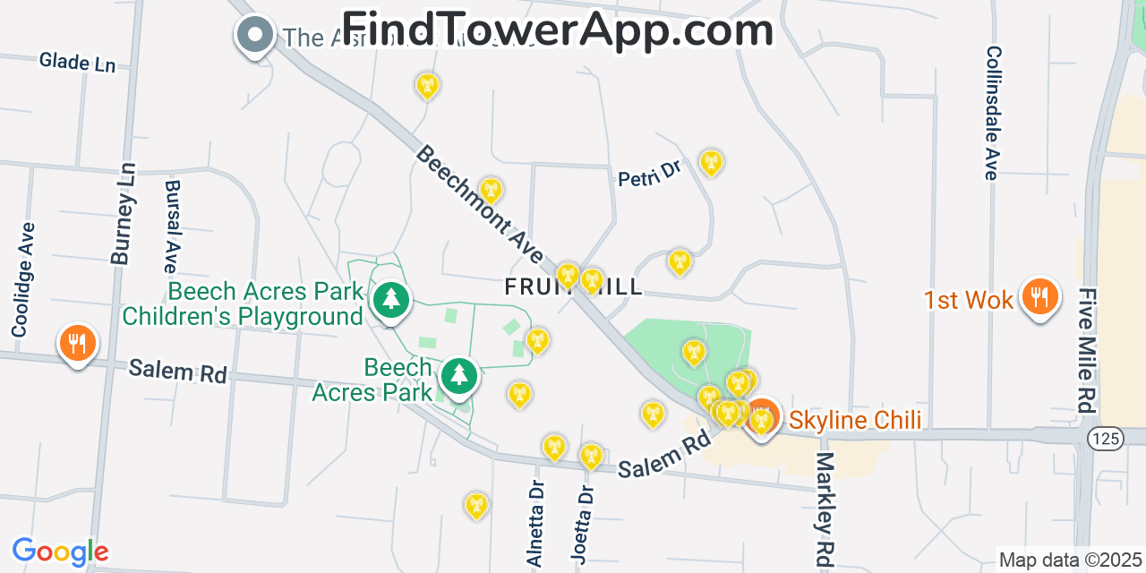 Map showing the 20 primary cell tower locations detected in Fruit Hill, Ohio from AT&T, Verizon, and T-Mobile networks