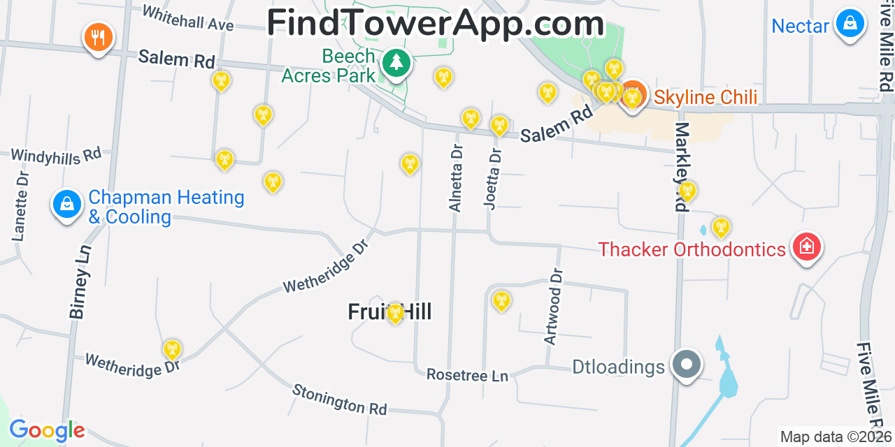 Map showing the 20 primary cell tower locations detected in Fruit Hill, Ohio from AT&T, Verizon, and T-Mobile networks