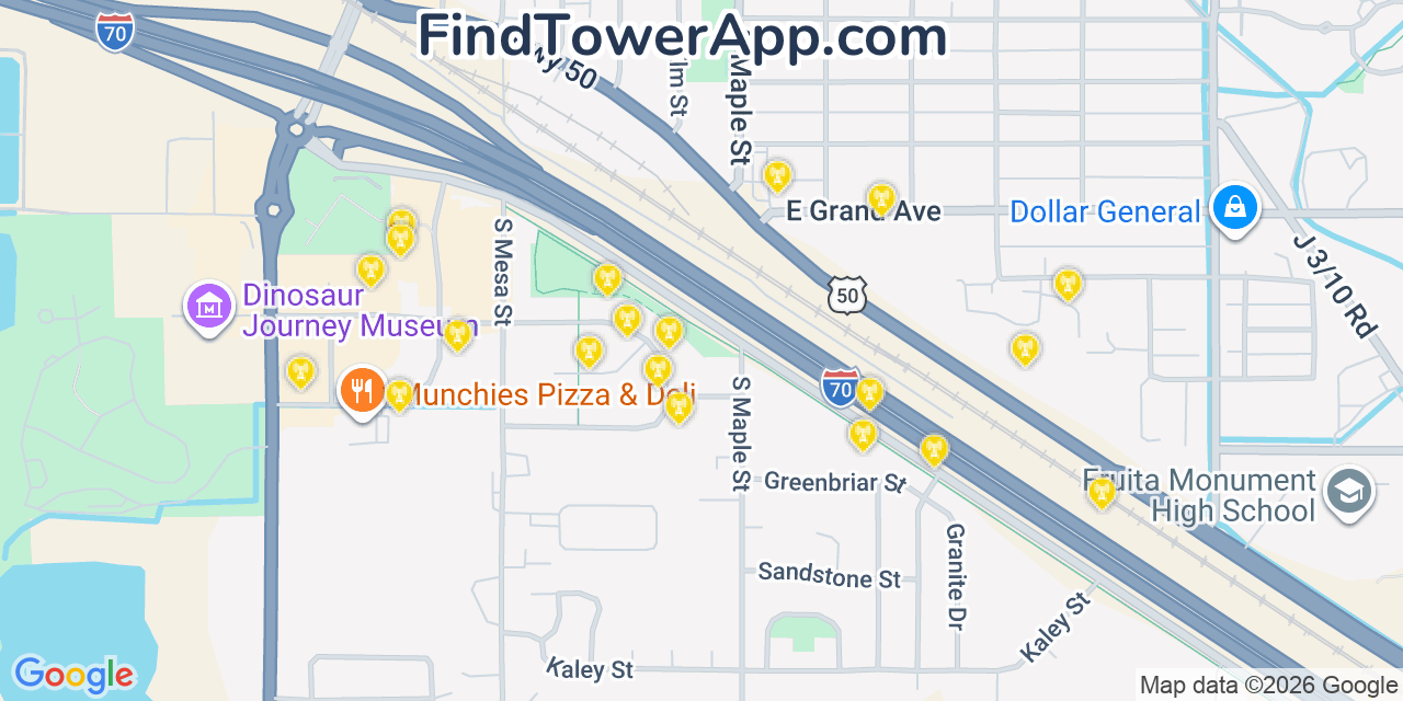 Map showing the 20 primary cell tower locations detected in Fruita, Colorado from AT&T, Verizon, and T-Mobile networks