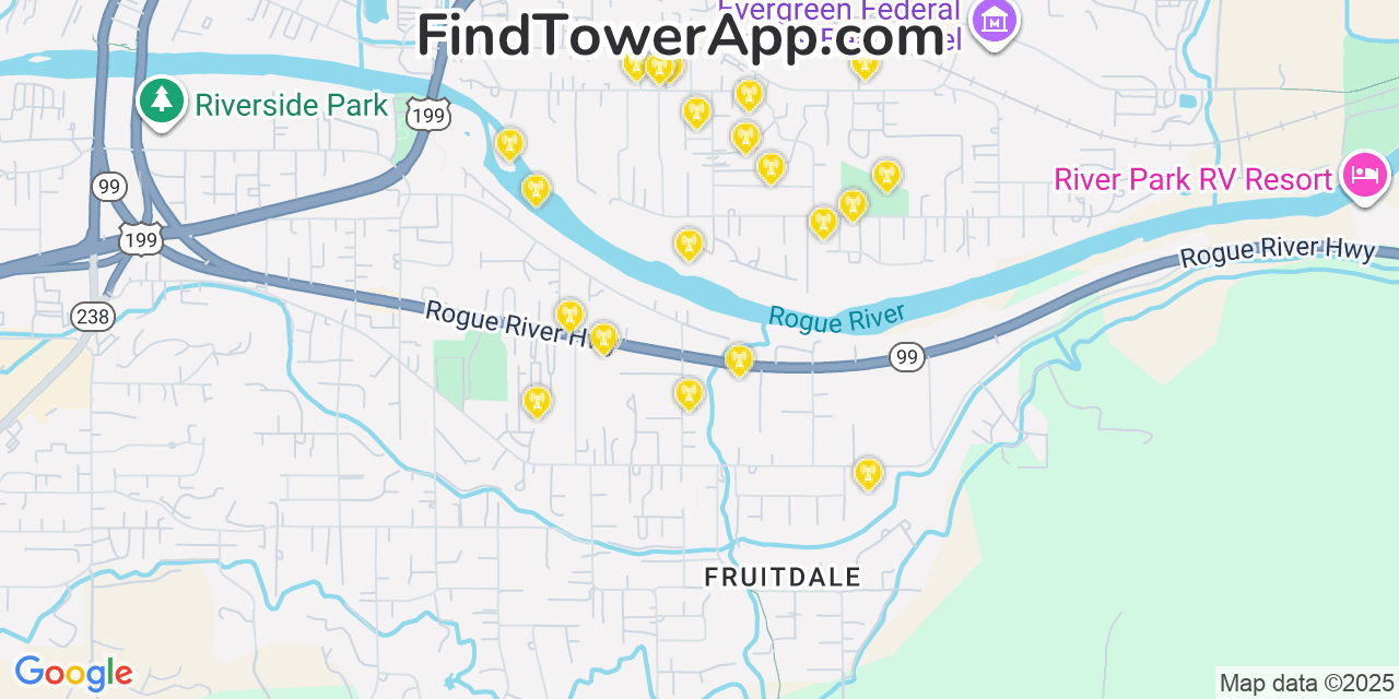 Map showing the 20 primary cell tower locations detected in Fruitdale, Oregon from AT&T, Verizon, and T-Mobile networks