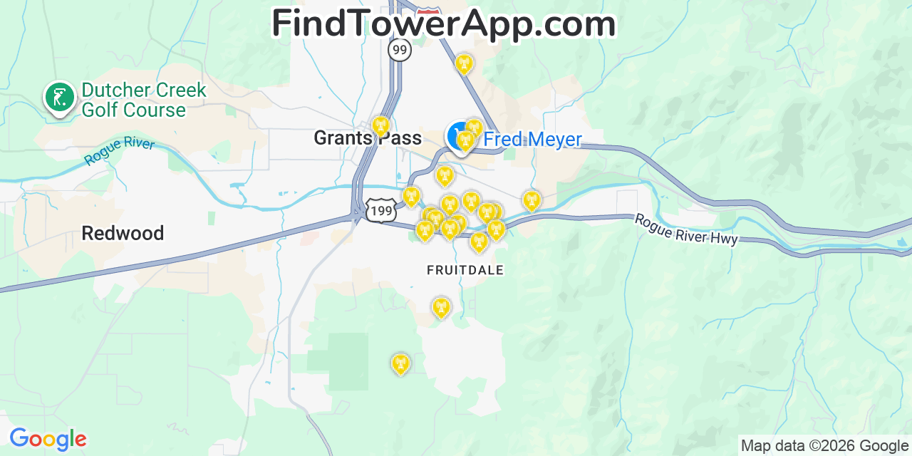 Map showing the 20 primary cell tower locations detected in Fruitdale, Oregon from AT&T, Verizon, and T-Mobile networks