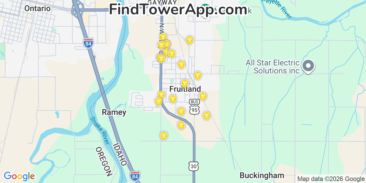 Map showing the 20 primary cell tower locations detected in Fruitland, Idaho from AT&T, Verizon, and T-Mobile networks
