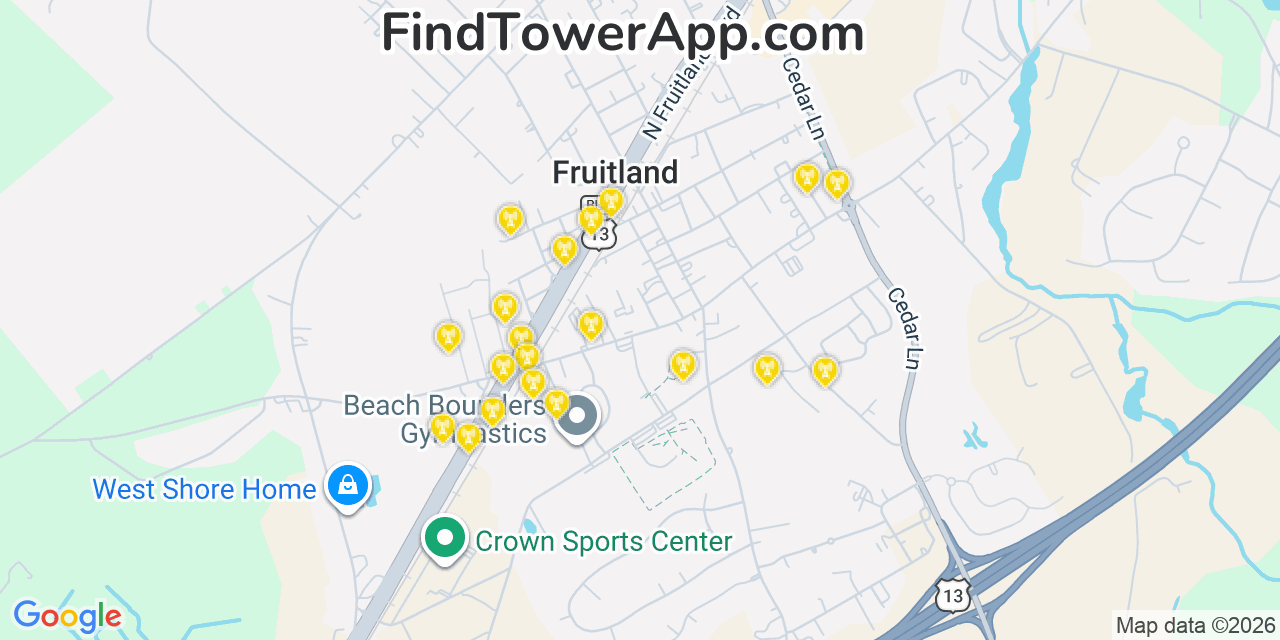Map showing the 20 primary cell tower locations detected in Fruitland, Maryland from AT&T, Verizon, and T-Mobile networks