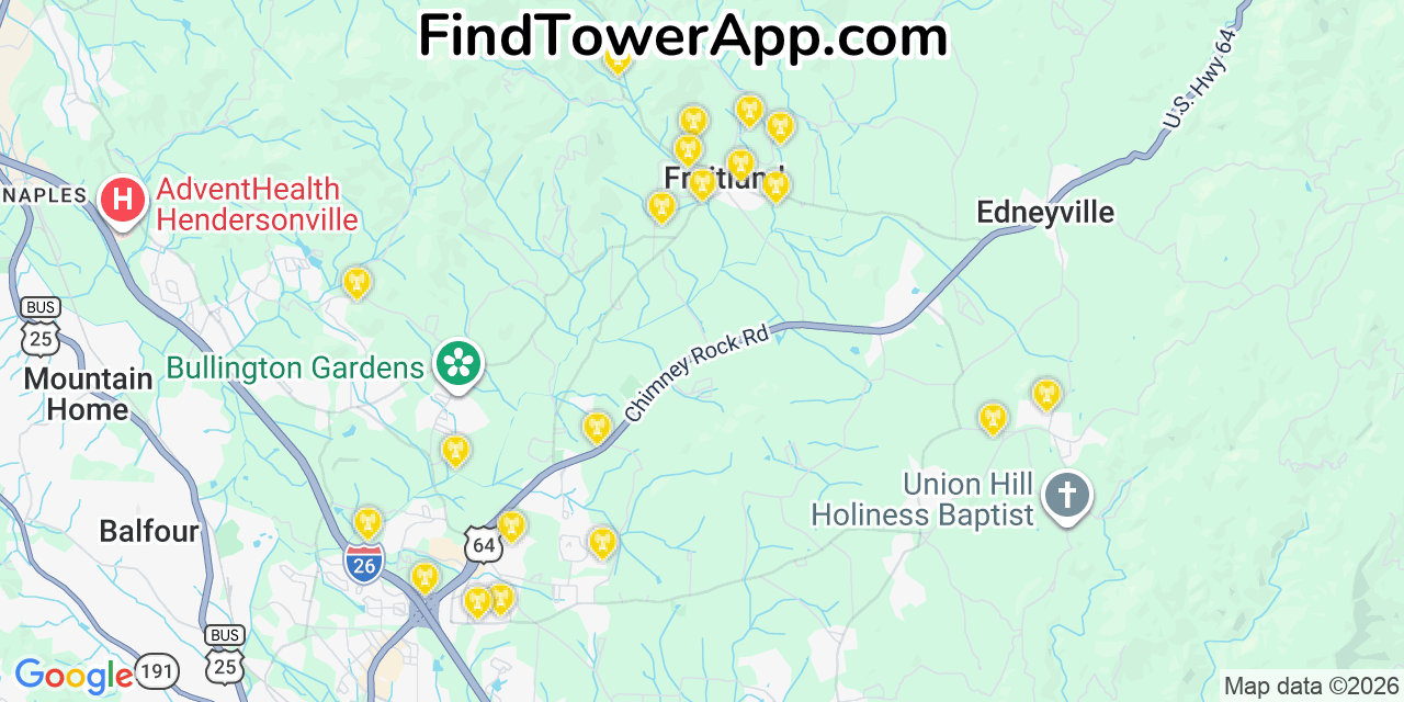 Map showing the 20 primary cell tower locations detected in Fruitland, North Carolina from AT&T, Verizon, and T-Mobile networks