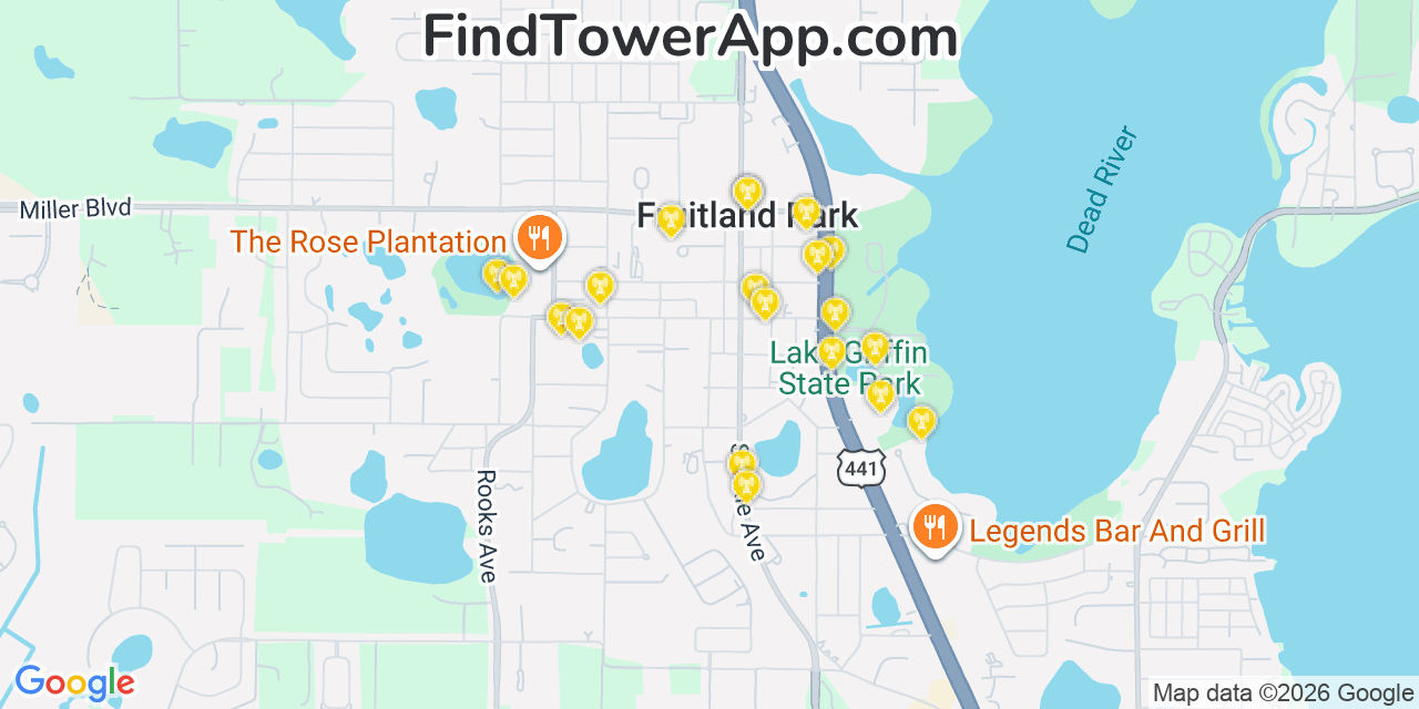 Map showing the 20 primary cell tower locations detected in Fruitland Park, Florida from AT&T, Verizon, and T-Mobile networks