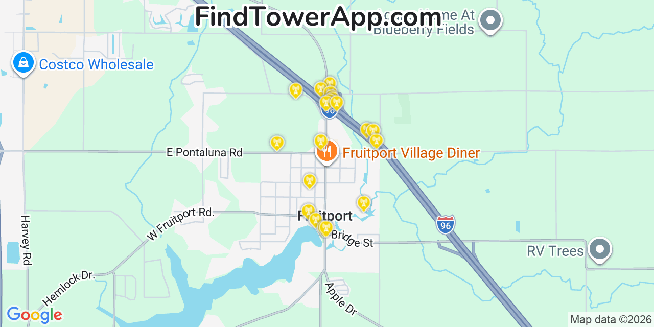 Map showing the 20 primary cell tower locations detected in Fruitport, Michigan from AT&T, Verizon, and T-Mobile networks