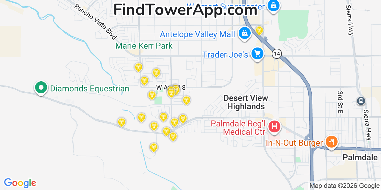 Map showing the 20 primary cell tower locations detected in Fruitridge Pocket, California from AT&T, Verizon, and T-Mobile networks