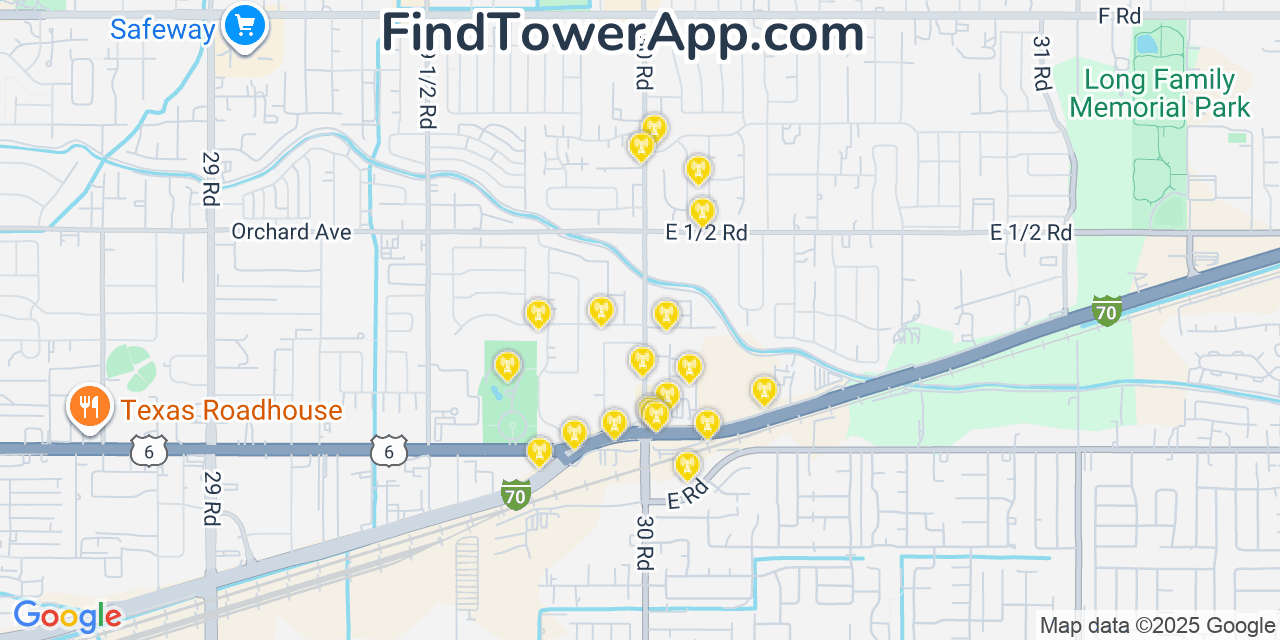 Map showing the 20 primary cell tower locations detected in Fruitvale, Colorado from AT&T, Verizon, and T-Mobile networks