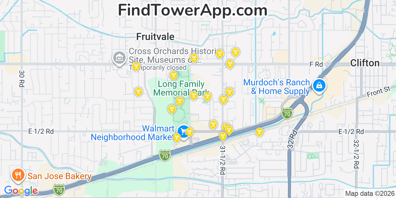 Map showing the 20 primary cell tower locations detected in Fruitvale, Colorado from AT&T, Verizon, and T-Mobile networks