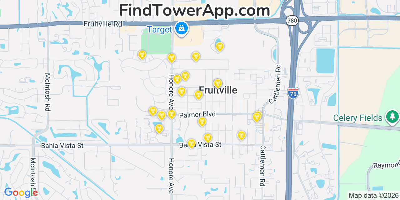 Map showing the 20 primary cell tower locations detected in Fruitville, Florida from AT&T, Verizon, and T-Mobile networks