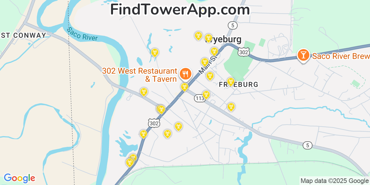 Map showing the 20 primary cell tower locations detected in Fryeburg, Maine from AT&T, Verizon, and T-Mobile networks