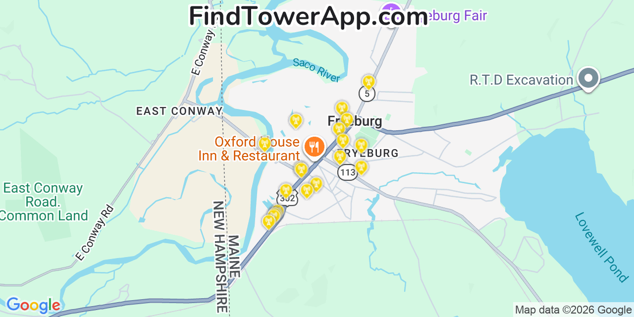 Map showing the 20 primary cell tower locations detected in Fryeburg, Maine from AT&T, Verizon, and T-Mobile networks