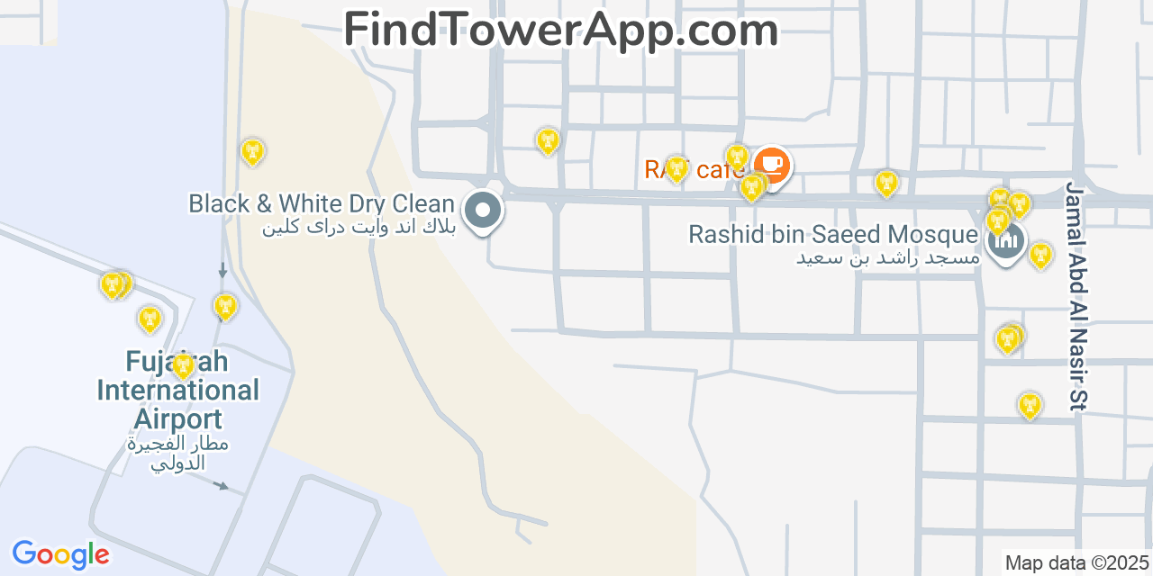 Map showing the 20 primary cell tower locations detected in Fujairah, United Arab Emirates with coverage areas and signal strength