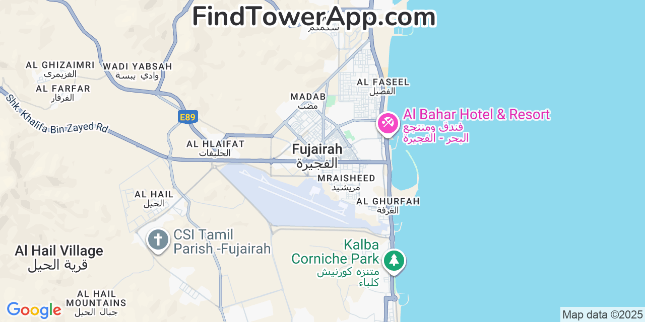 Map showing the 0 primary du cell tower locations detected in Fujairah, United Arab Emirates with coverage radius and signal strength indicators