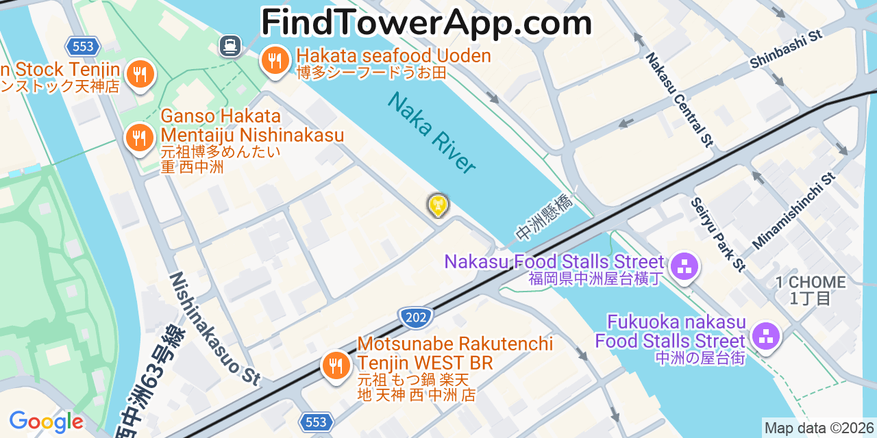 Map showing the 10 primary T-Mobile cell tower locations detected in Fukuoka, Japan0