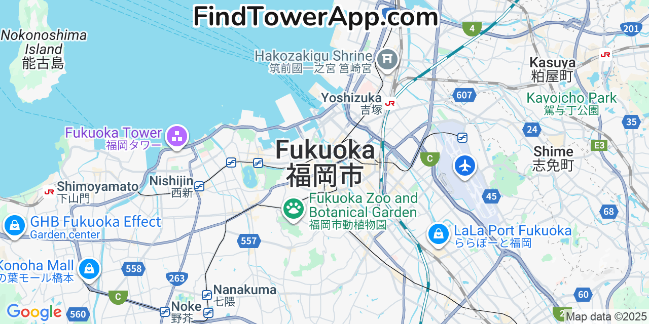 Map showing the 0 primary Docomo cell tower locations detected in Fukuoka, Japan with coverage radius and signal strength indicators