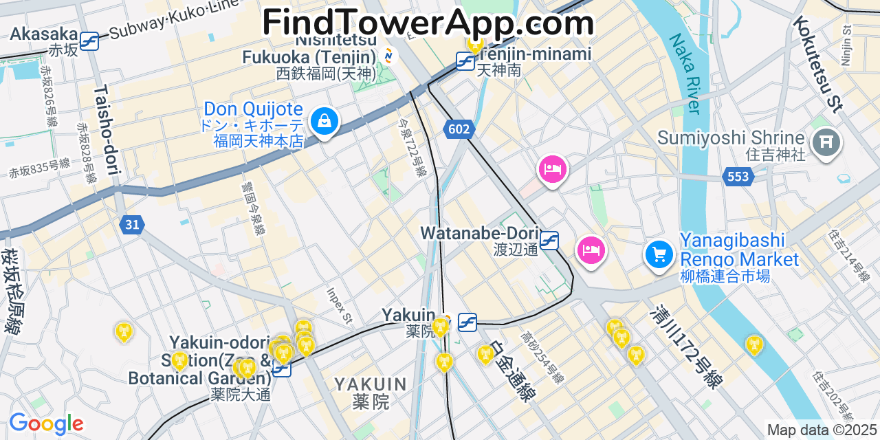 Map showing the 20 primary cell tower locations detected in Fukuoka, Japan with coverage areas and signal strength