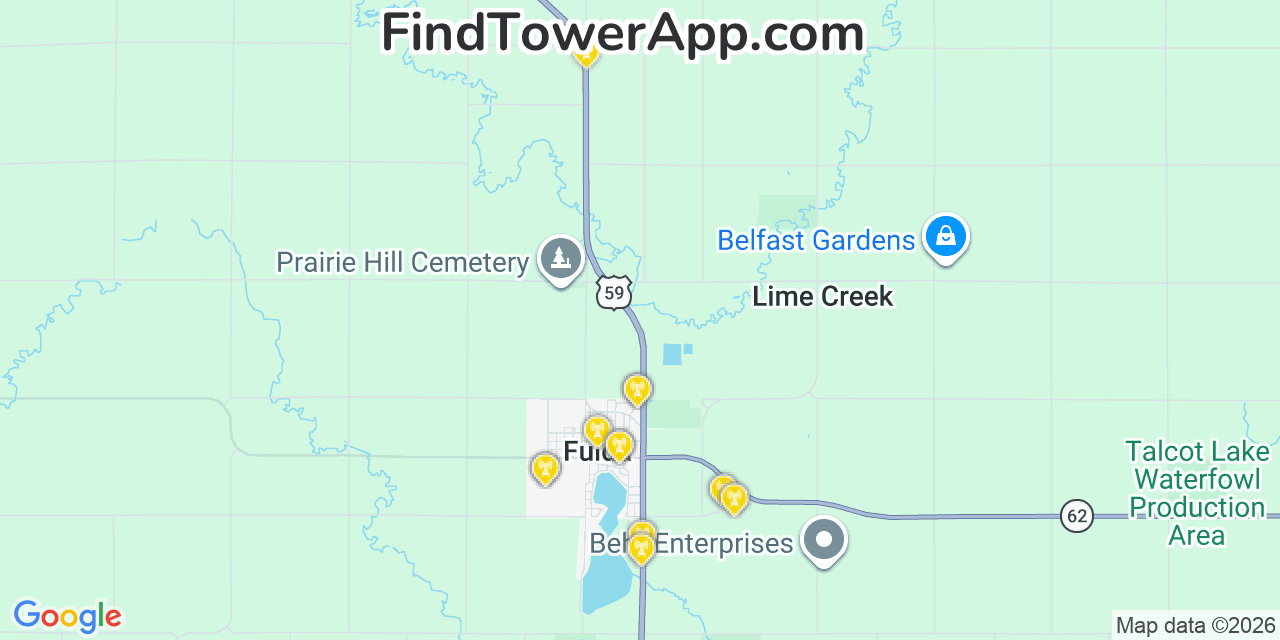 Map showing the 20 primary cell tower locations detected in Fulda, Minnesota from AT&T, Verizon, and T-Mobile networks