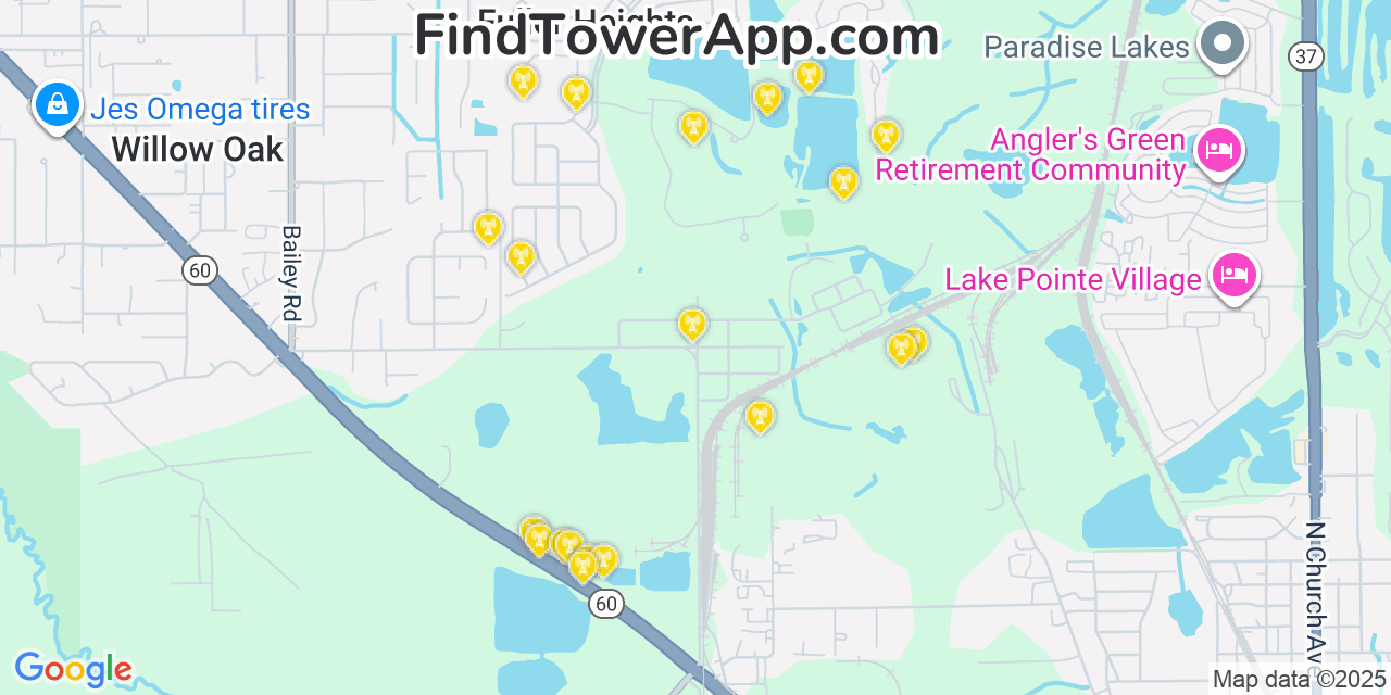 Map showing the 20 primary cell tower locations detected in Fuller Heights, Florida from AT&T, Verizon, and T-Mobile networks