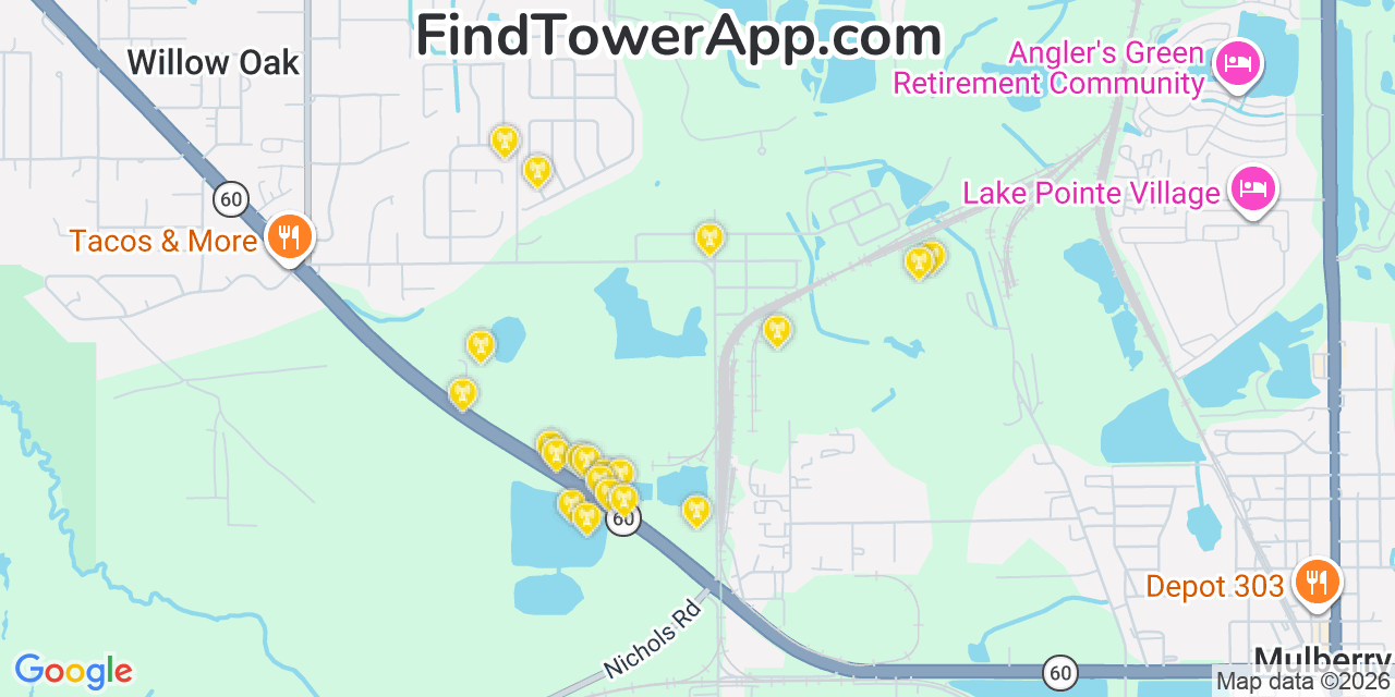 Map showing the 20 primary cell tower locations detected in Fuller Heights, Florida from AT&T, Verizon, and T-Mobile networks