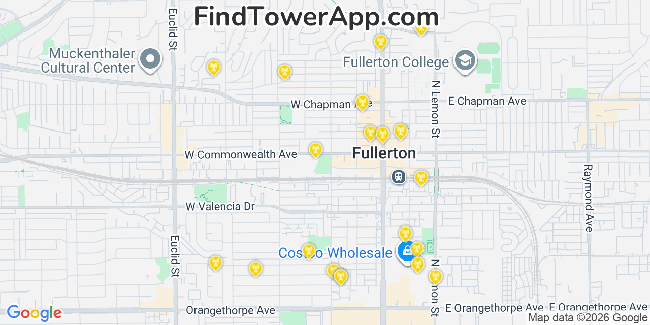 Map showing the 20 primary cell tower locations detected in Fullerton, California from AT&T, Verizon, and T-Mobile networks