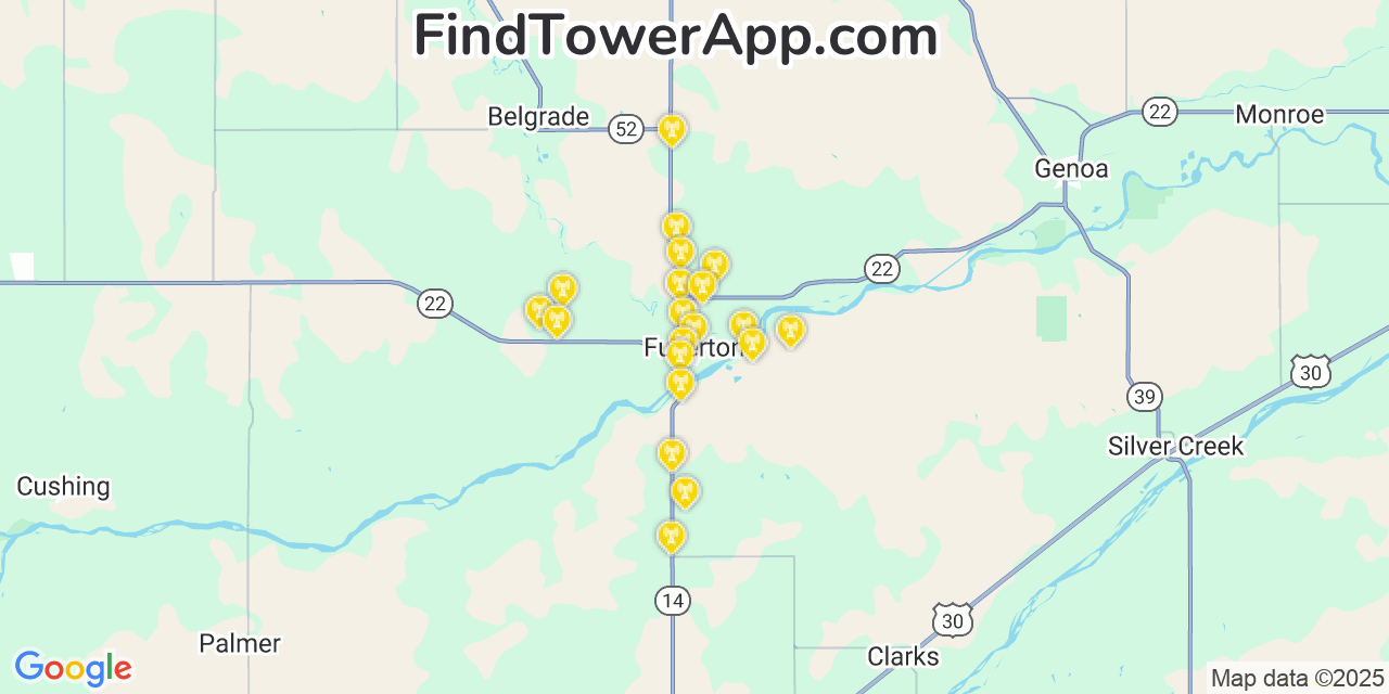 Map showing the 20 primary cell tower locations detected in Fullerton, Nebraska from AT&T, Verizon, and T-Mobile networks
