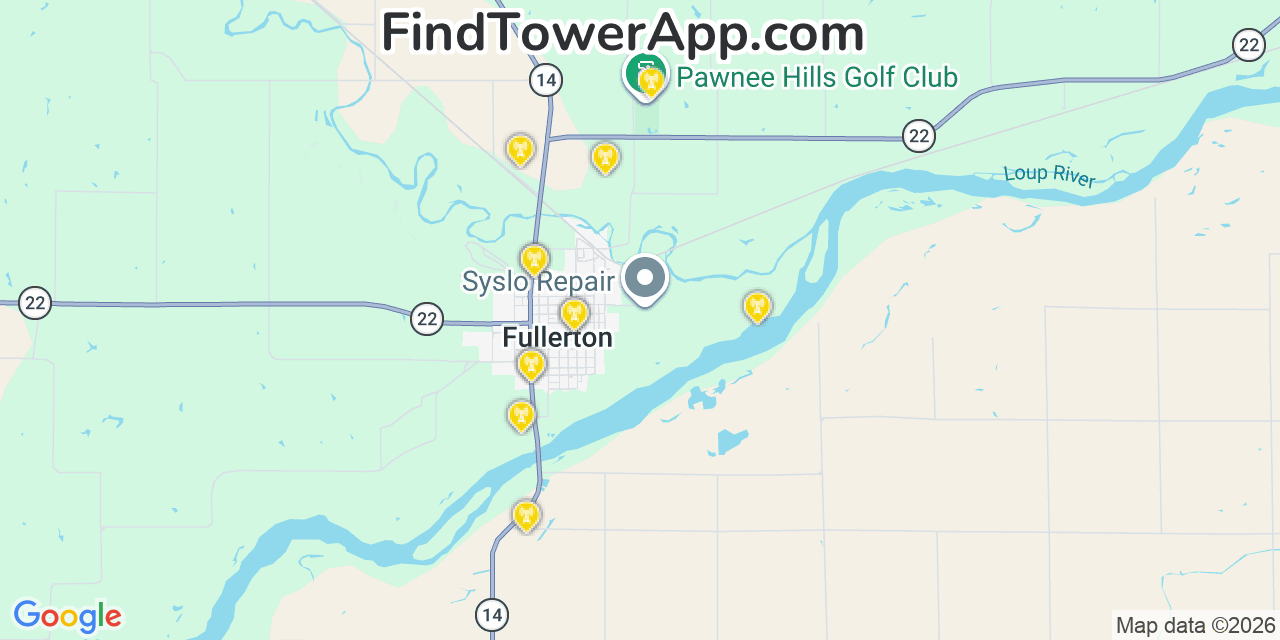Map showing the 20 primary cell tower locations detected in Fullerton, Nebraska from AT&T, Verizon, and T-Mobile networks