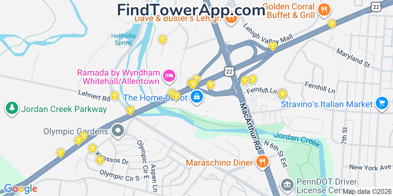 Map showing the 20 primary cell tower locations detected in Fullerton, Pennsylvania from AT&T, Verizon, and T-Mobile networks