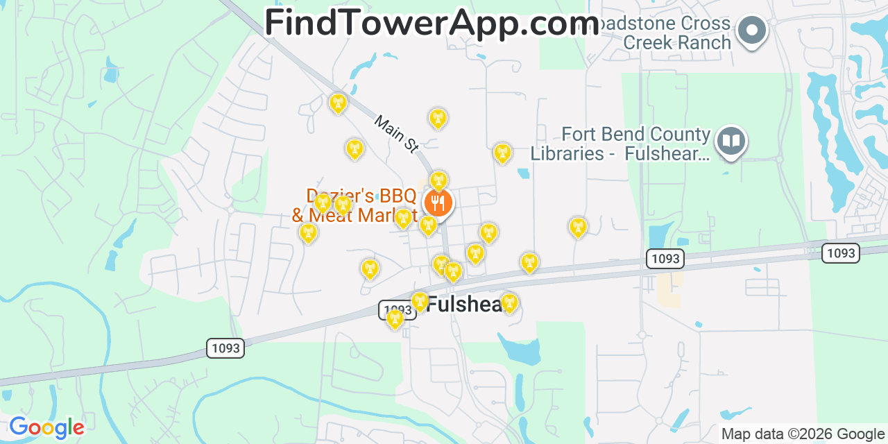 Map showing the 20 primary cell tower locations detected in Fulshear, Texas from AT&T, Verizon, and T-Mobile networks
