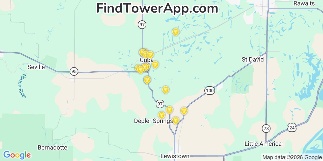 Map showing the 20 primary cell tower locations detected in Fulton, Illinois from AT&T, Verizon, and T-Mobile networks