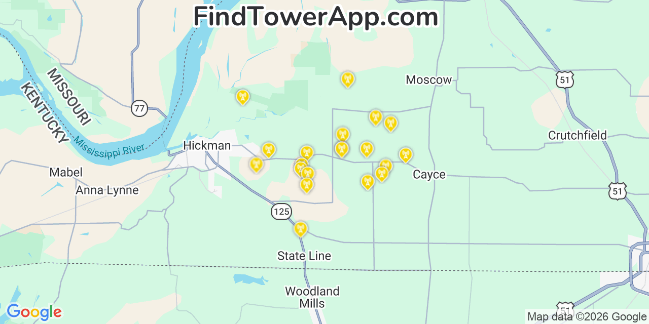 Map showing the 20 primary cell tower locations detected in Fulton, Kentucky from AT&T, Verizon, and T-Mobile networks